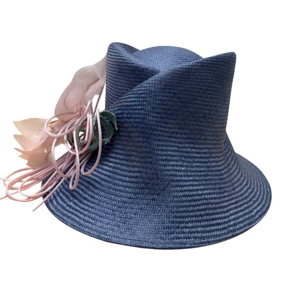 Vtg Nordstrom Blue Straw Hat W/ Pink Floral Accent & Green Ribbon Embellishment - Picture 9 of 11